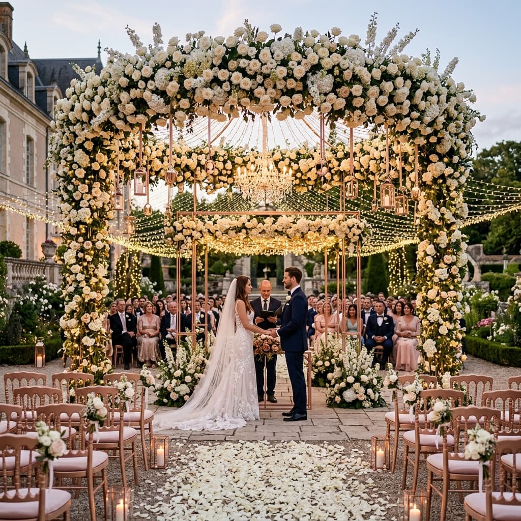 Luxury Wedding Ceremony Sanctuary with Floral Canopy